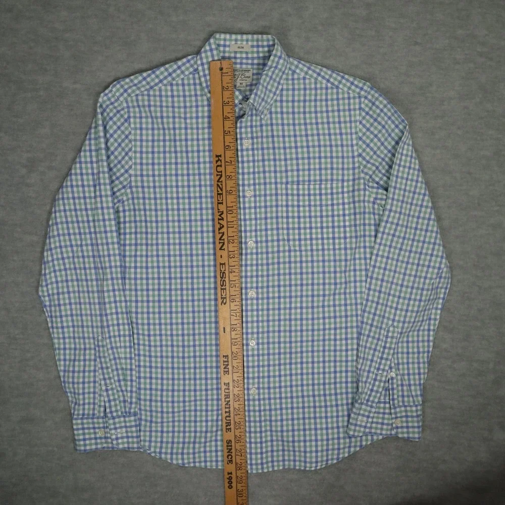 J.Crew Secret Wash Organic Cotton Blue Green Gingham Shirt M Slim Fit‎